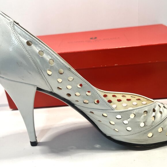CHARLES JOURDAN PARIS White Perforated Leather Open Toe Women's Heels 7-1/2 - Picture 5 of 11
